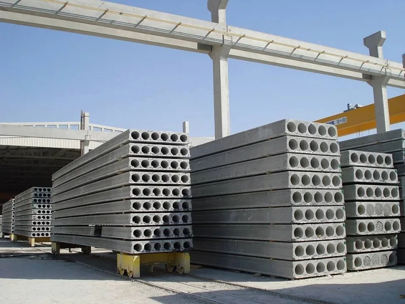 Precast concrete panels stacked at a materials yard
